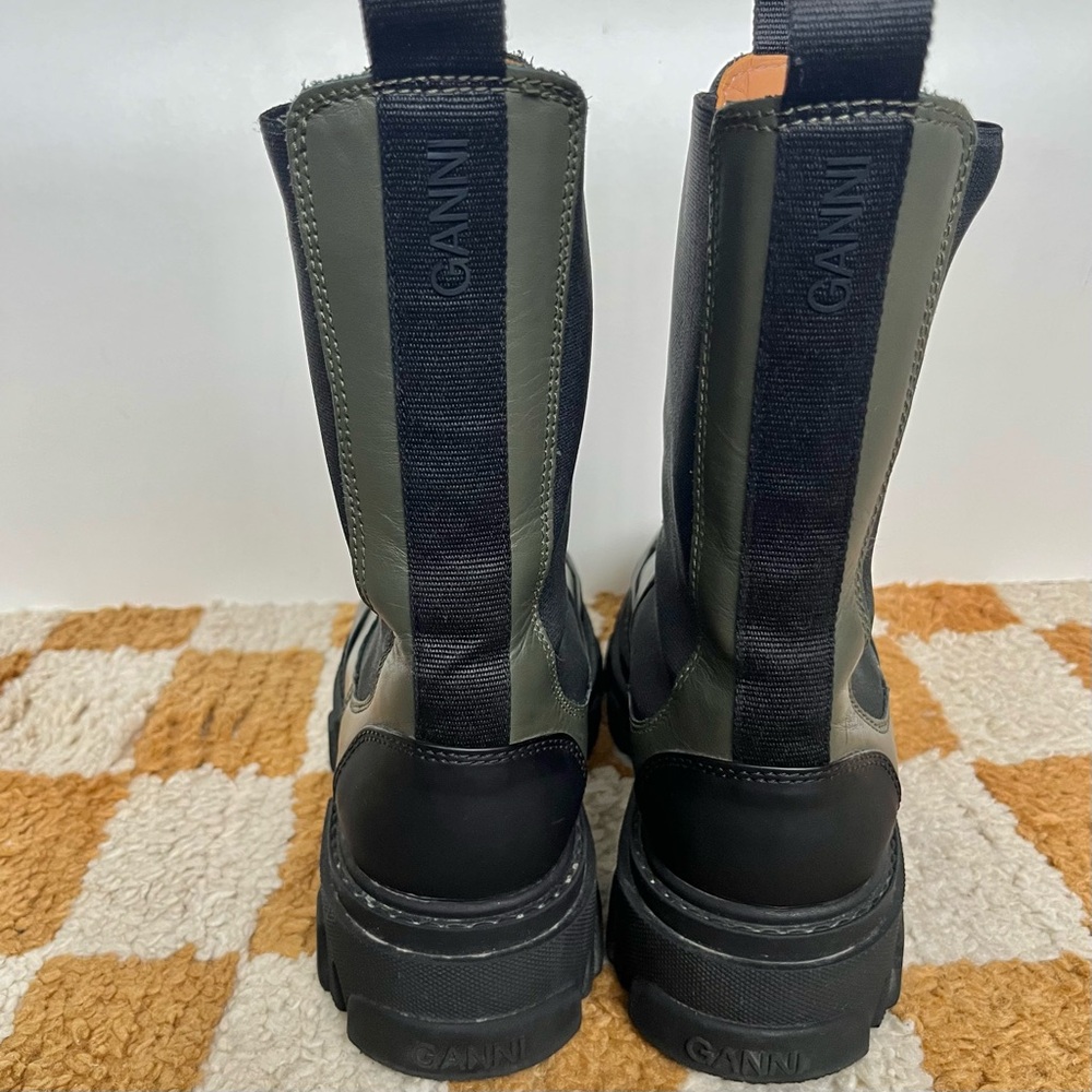 Ganni Olive Green and Black Cleated Chelsea Boots - Picture 2 of 7